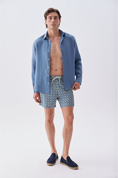 Mudo Men's Indigo Printed Straight Fit Swim Trunks