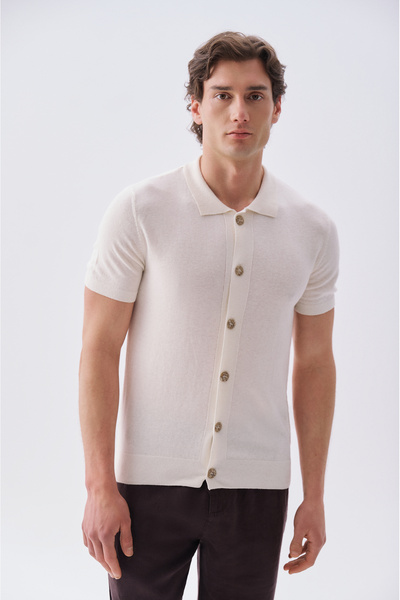 Mudo Men's Off-White Polo Collar Short Sleeve Knitwear Cardigan