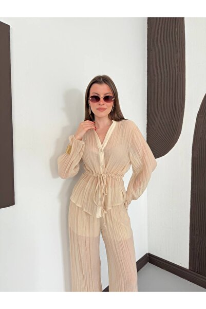 Ekim Store Σετ Πλισέ Oversize Διαφανές Πουκάμισο και Παντελόνι