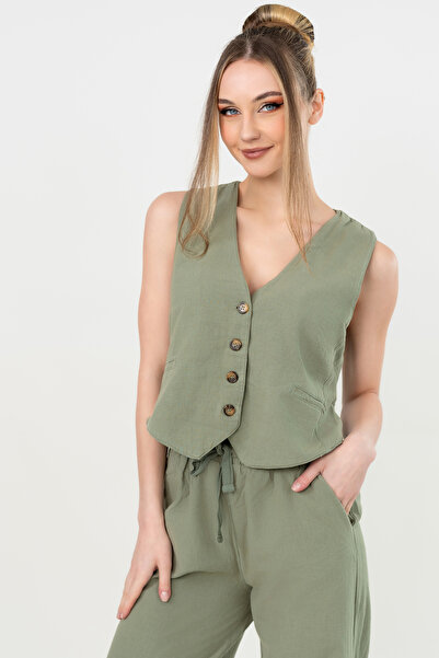 Jodtique Women's Sleeveless Top and Light Olive Linen Trousers Set