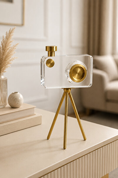 MİS KİTCHEN Gold Ayaklı Dekoratif Kamera Obje Şeffaf Gövdeli Lüks Salon ve Ko...