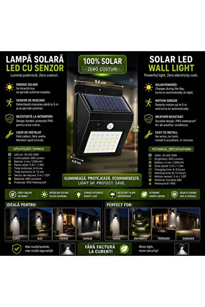 ENERGIE Lampă Solară LED cu Senzor de Mișcare – Iluminare Exterior Puternică,...