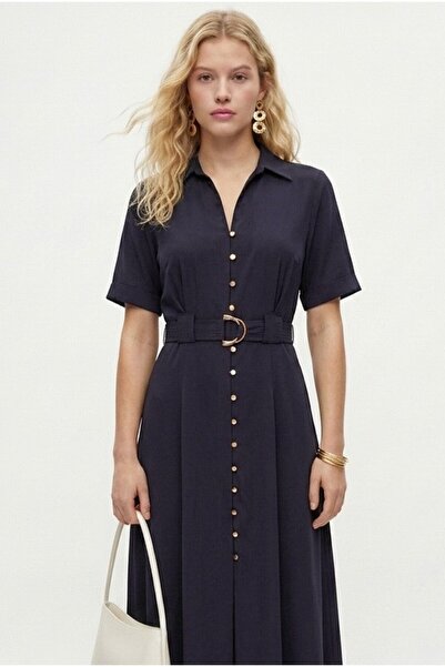 Ritnice Women's Alisa Belted Gold Buttoned Long Woven Navy Blue Shirt Dress