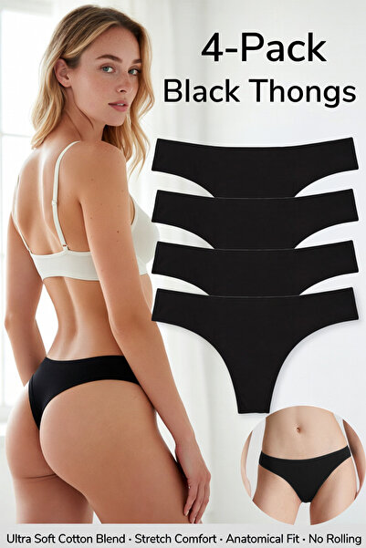 Yohannes Club Women'S, Cotton Basic Thong, 4-Pack, Black, Minimal Design, Bla...