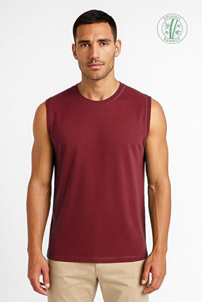 OBJE Men's Burgundy Bambo Round Neck Sleeveless Undershirt