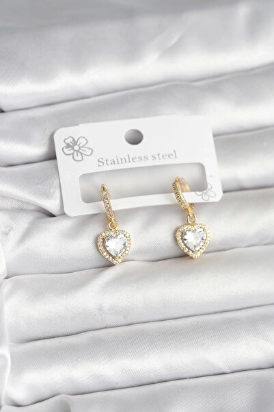 USLUCAN ALIŞVERİŞ Brass Gold Color Zircon Stone Heart Model Women's Earrings