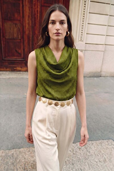 Sateen Flounce Collar Satin Blouse - Green