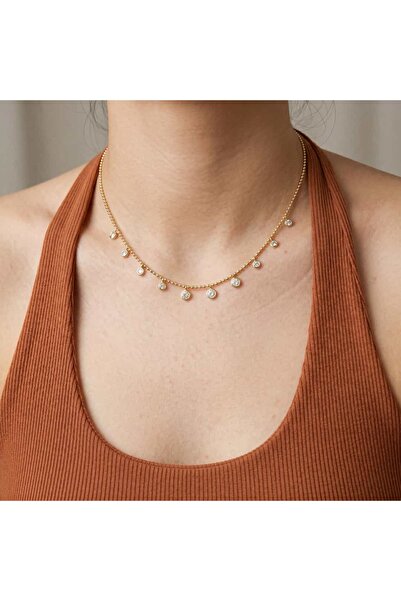 Ayno Zirkon Taş Detaylı Gold Minimal Çelik Choker Kolye