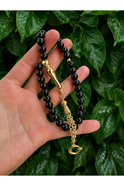 Eflatun Collection 14K Altın Püsküllü Doğal Akik Taşı Tesbih