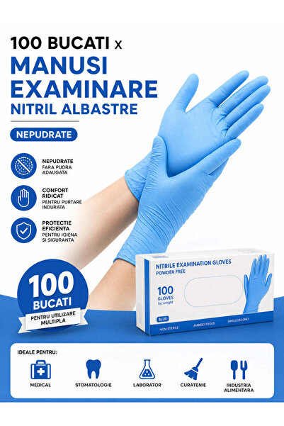 DEMOTEKS Set 100 Bucati Manusi din Nitril, Horeca, Albastre, unica folosinta,...