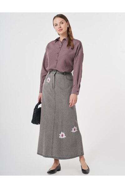 KYR Floral Appliqued Denim Skirt Anthracite