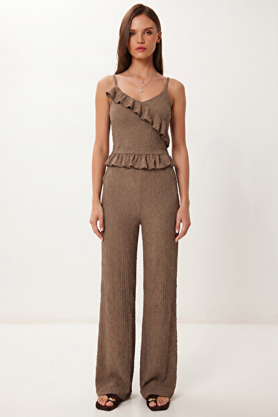 Lovelyİstanbul Flounced Blouse Trousers Crinkle Set Lfw0025 Vi̇zon