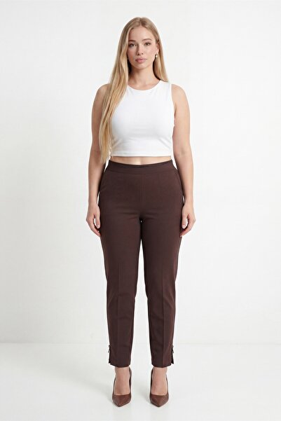 EXİTLİNE Women's Coffee Color High Waist Knitted Trousers with Stone Detail a...