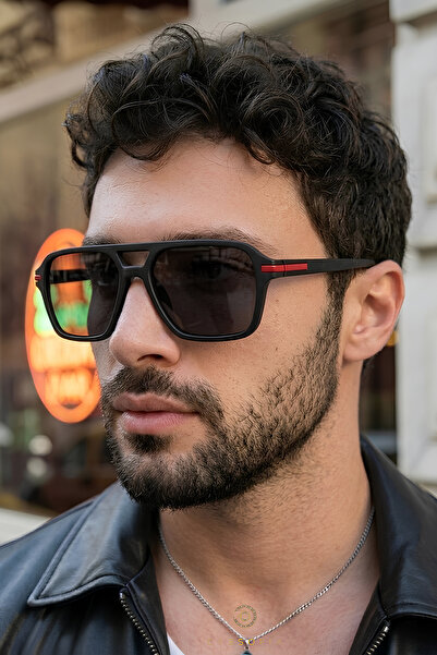 Eyesofia Shadow Men's Black Red Detailed Rectangular Ultra Light Uv400 Filter...