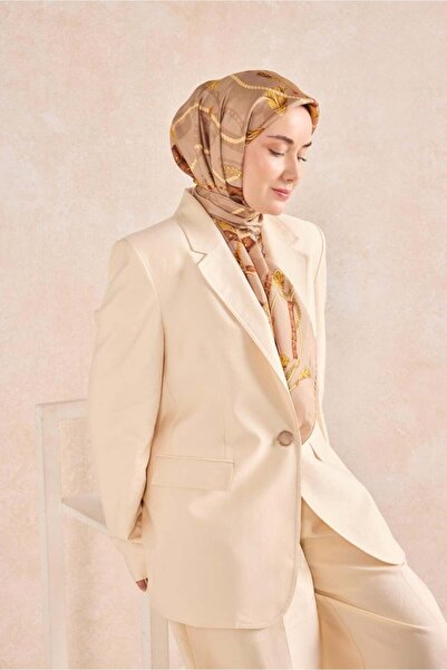 Silk Home وشاح حرير تويل بتفاصيل مفصلة باللون البيج 90x90