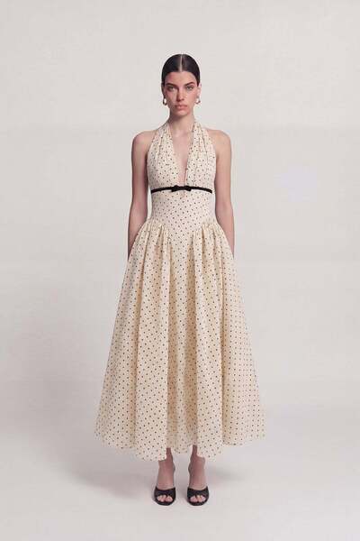 HOLLY LOLLY Polka Dot Patterned Halter Neck Dress with Pockets Zayla Dress Cream