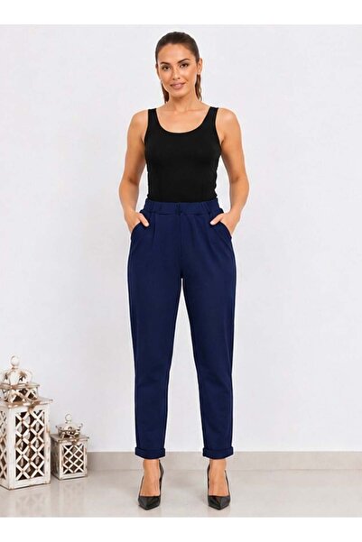 kısmet sepeti Women's Stretchy Crepe Fabric Double Leg Elastic Waist Navy Blu...
