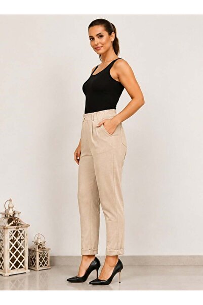 kısmet sepeti Women's Stretchy Crepe Fabric Double-Legged Champagne Color Tro...
