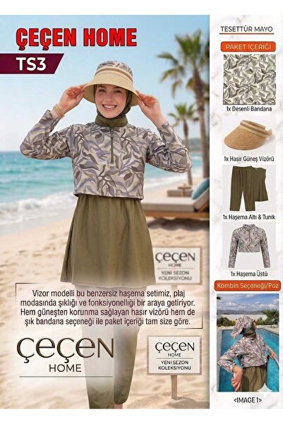 ÇEÇEN HOME Set costum de baie cu bandană și șapcă cu vizor, costum de baie cu...