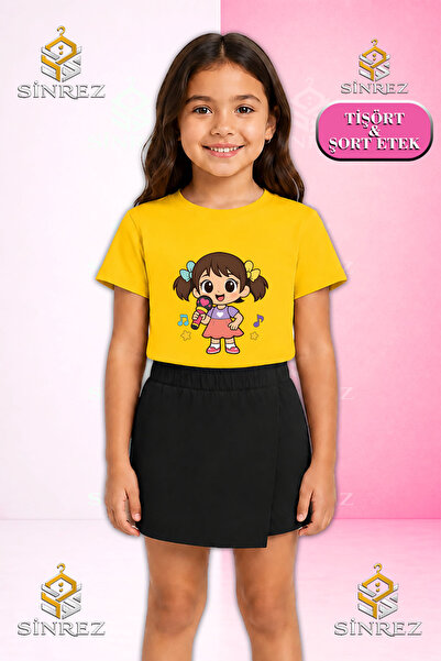 SİNREZ Girl's Set: Printed Short Sleeve T-Shirt with Microphone, Shorts, Skirt