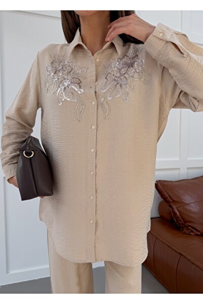 MİA NOURA Women's Oversize Shirt with Embroidered Front and Sleeves, Beaded Work