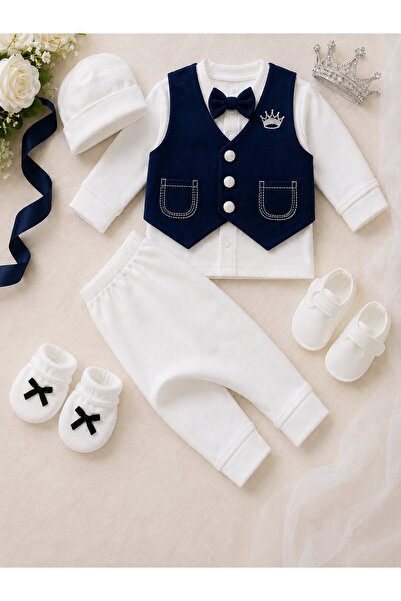 Bebelul Boys' baptism set 6 pieces Babyshah Cotton white dark blue 3-6 months