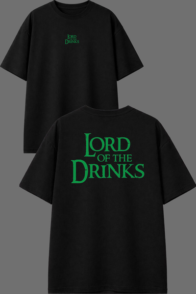 VSRN تي شيرت Lord Drinks Design مطبوع من الأمام والخلف باللون الأسود مقاس كبير