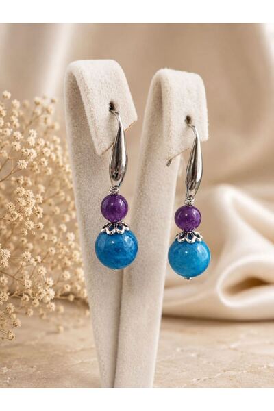 Home Blue Aventurine and Amethyst Dangle Steel Earrings |   Natural Stone Ear...