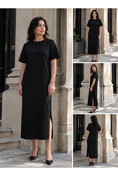 NA ADDESIGN Basic Slit Maxi Dress Black Comfortable Fit Daily & Office Wear D...