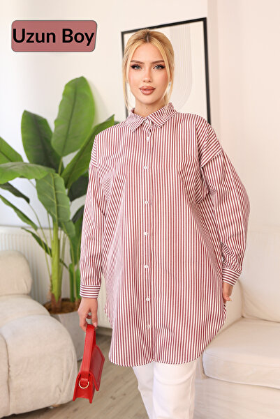 deqfashion Women's Burgundy White Striped Oversize Long Tunic Shirt, Hijab Co...