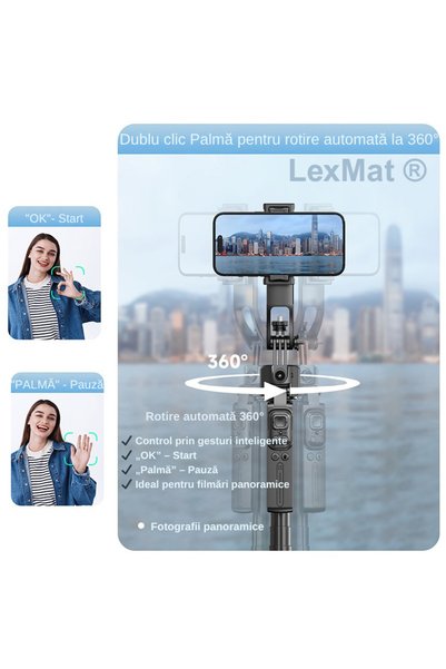 LexMat Selfie Stick multifunctional cu trepied reglabil si AI LexMat®, Stabilizator cu AI, rotire 360°, utilizare prin gesturi, tracking automat, telecomanda bluetooth, compatibil smartphone, negru