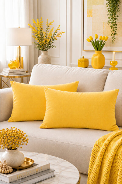 BURCIN HOME طقم غطاء وسادة أصفر مقاس 30 × 50 سم، مكون من قطعتين، غطاء وسادة م...