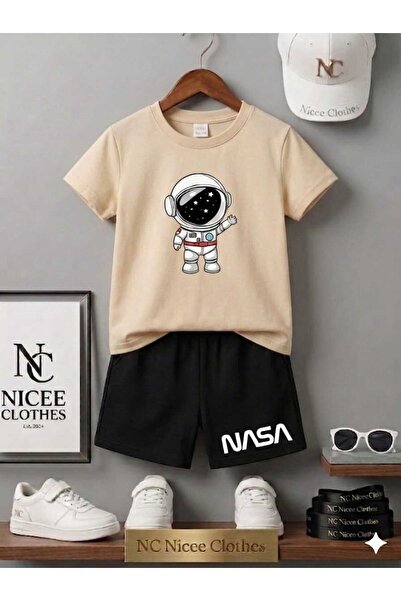NC Nicee Clothes تي شيرت صيفي للأطفال شورت للجنسين (طباعة رائد الفضاء ناسا)