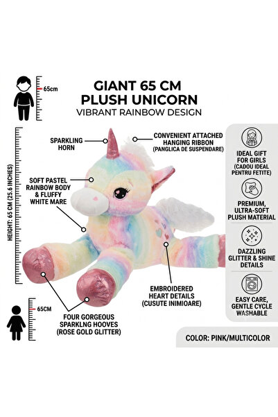 HYVESTO Jucarie Unicorn de Plus Gigant 65 cm, Design Curcubeu Rainbow, Detali...