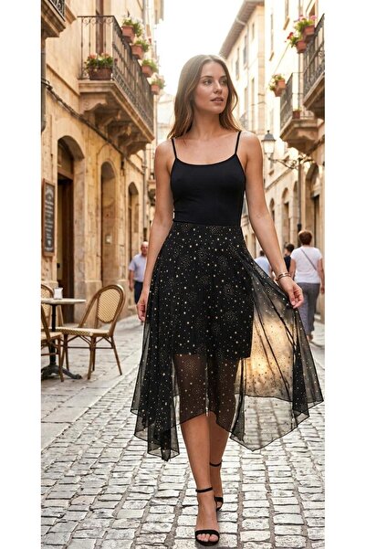 Olea Asymmetrical Black Gold Printed Skirt
