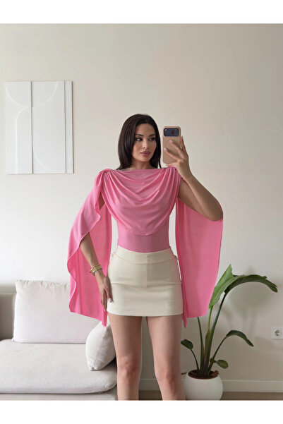 Zoom Butik Drapeli Pelerin Bodysuit - PEMBE