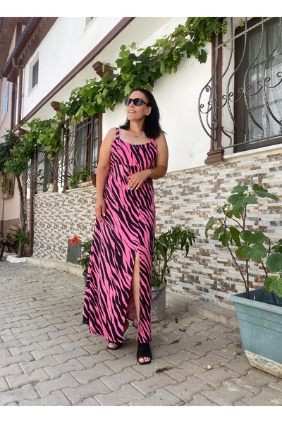 Glens Maxi boy pamuk saten kalın askılı yırtmaçlı tam kalıp kadın elbise