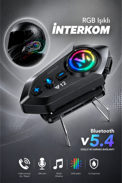 Abbruch Y12 RGB Işıklı Bluetooth 5.4 Motosiklet Kask İnterkomu Su Geçirmez Ku...