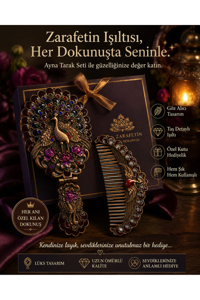 seymen bıçakçılık Set oglindă și pieptene cu model vintage cu păuni – Set dec...