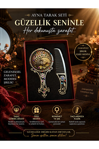 seymen bıçakçılık Vintage Tavus Kuşu Desenli Ayna & Tarak Seti – Dekoratif He...