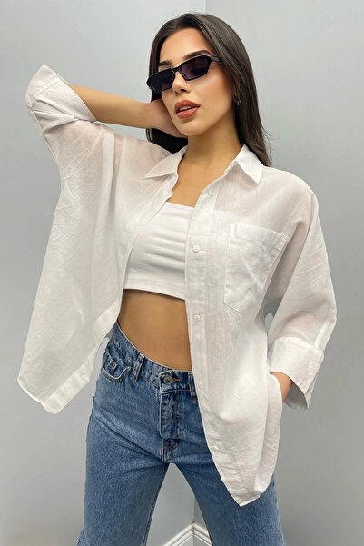 MetuCA Women's White Cotton Oversize Loose Sleeve Shirt Wide Fit Loose Blouse