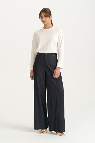 Nihan Denim Look 5-Pocket Wide-Leg Rayon Trousers - Indigo