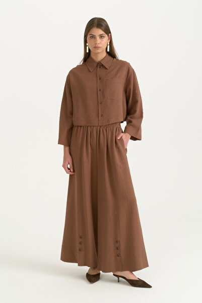 Nihan Pile Detailed Linen Wide Leg Trousers - Brown