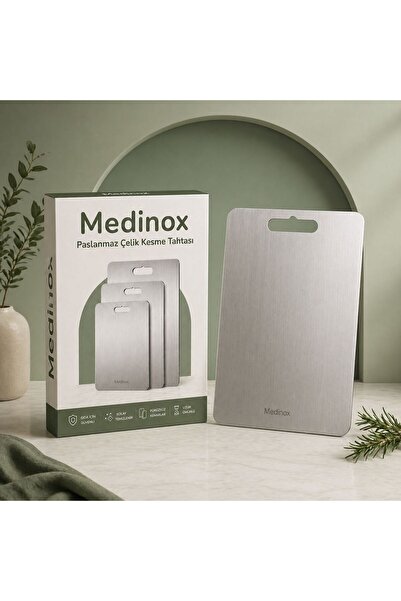 Medinox 304 Paslanmaz Çelik Kesme Tahtası 32x21 Cm Kaymaz Tabanlı Mutfak