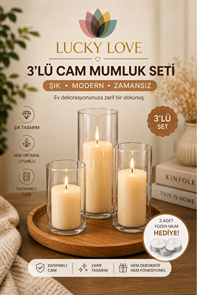Lucky Love 3 'lü Cam Vazo Silindir Mumluk Seti, Dekoratif Üçlü Cam Mumluk Set...