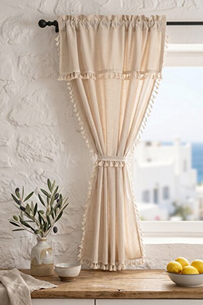 cotton maison Уютна бохо завеса за фон с естествени пискюли - Единичен панел,...