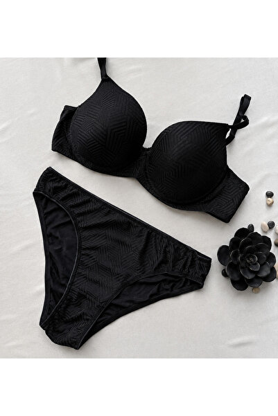 KARAZ Baklava Patterned Underwire Non-Padded Bra Set - Black