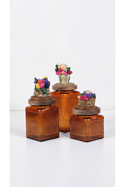 byUZUNOĞLU Decorative Acacia Lid Glass Storage Set of 3 - Arrangement Flower ...