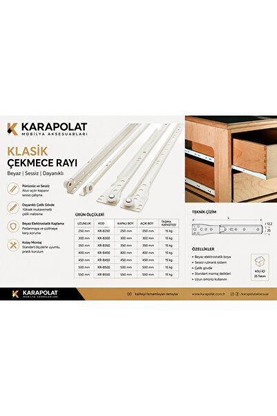 KARAPOLAT Klasik Kızaklı Dolap Çekmece Rayı Beyaz 35-40-45-50 Cm (VİDA DAHİL)