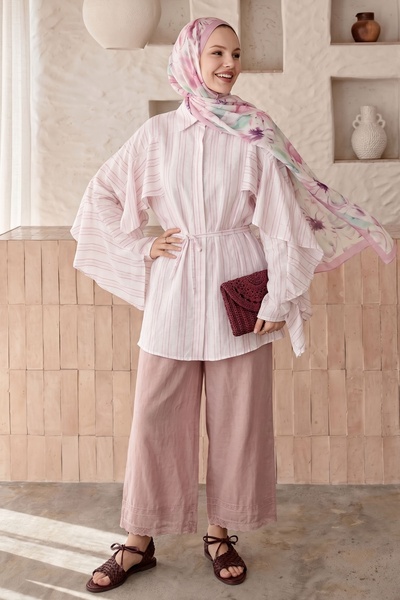 InStyle Ruffle Sleeve Striped Pink Shirt